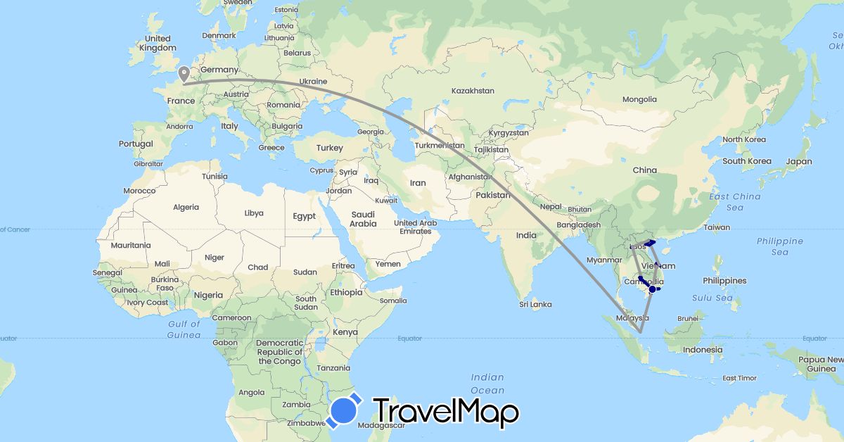 TravelMap itinerary: driving, plane in France, Cambodia, Laos, Singapore, Vietnam (Asia, Europe)